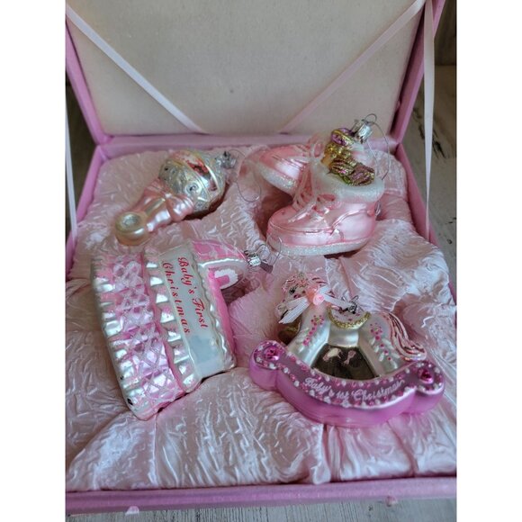 Kurt Adler baby's first Christmas girl Pink glitter ornament Xmas set - Picture 5 of 13